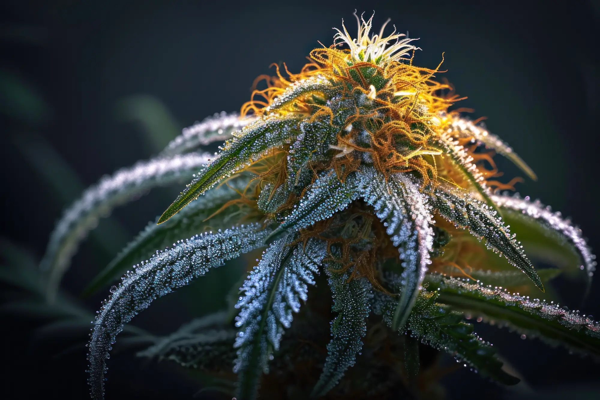 dark-green-flowering-cannabis-bud-with-orange-hair fleur de cannabis